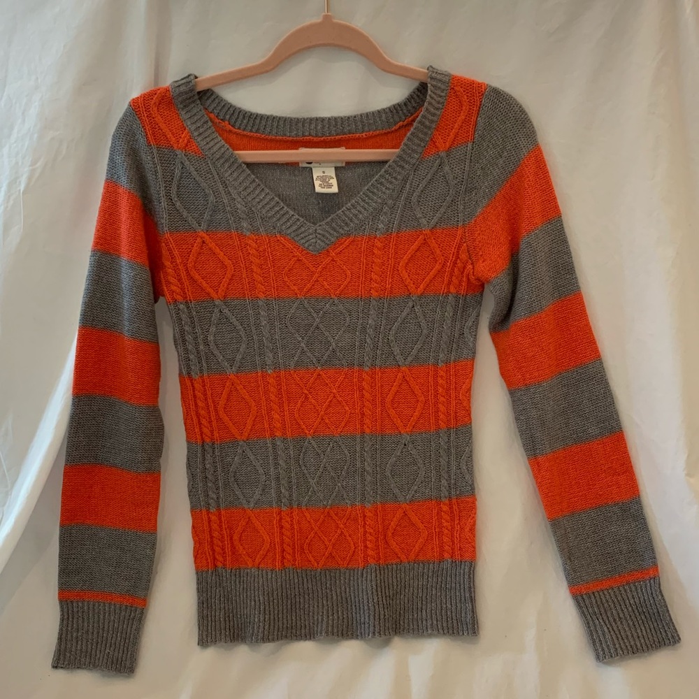 Orange and Grey Shimmer Cable Knit Striped Sweater